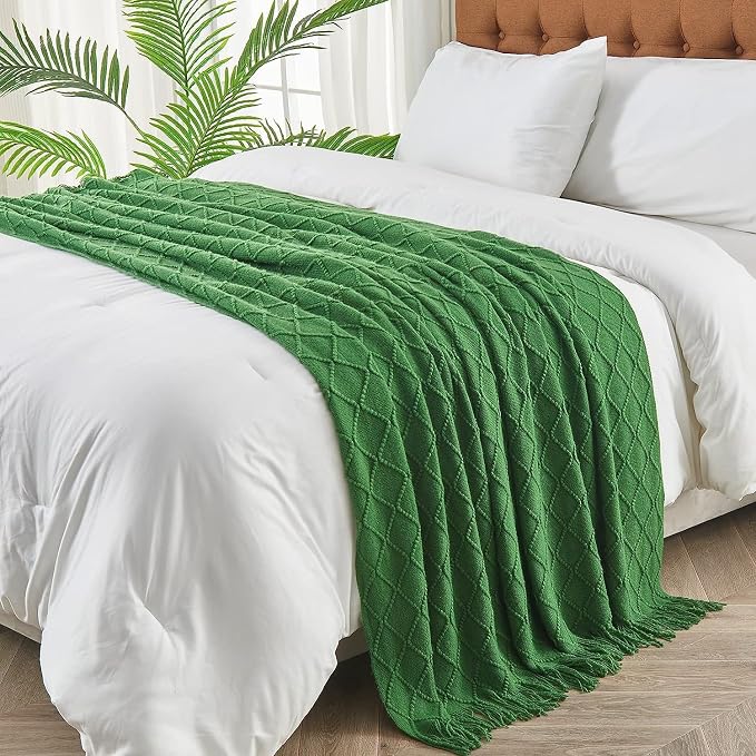 inhand Green Knitted Throw Blanket for Couch and Bed, 50"x60" | Throws for Her or Him, Soft Farmhouse Woven Blanket, Tassel, Lightweight Decorative, Cozy Knit, Warm Living Room Home Decor