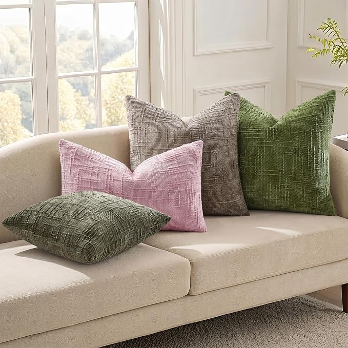 decorUhome Textured Chenille Throw Pillow Covers 16x16 Set of 2 Blush Pink | Fall Modern Farmhouse Soft Cozy Slubby Couch Pillow Cases Boho Decorative Pillow Cases for Bed Sofa Living Room Home Decor