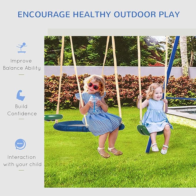 Outsunny Swing Set for Backyard, 5 in 1 Outdoor Playset for Kids with Heavy-Duty A-Frame Stand, 29.5" Saucer Swing, Slide, Teeter-Totter, Glider, 693 Lbs Load, Blue