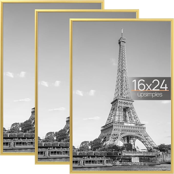 upsimples 16x24 Poster Frame, Easy Slide-In Assembly, Gold, 3 Pack | Gallery Wall 16 x 24 Picture Frames Set for Family, Wedding, Christmas, Easy to Change Photos