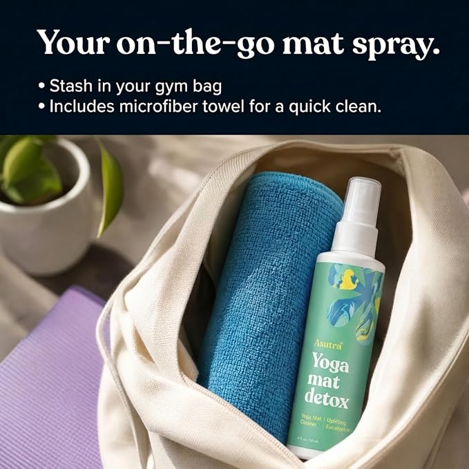 ASUTRA Yoga Mat Cleaner Spray (Uplifting Eucalyptus), 4 fl oz - No Slippery Residue, Organic Essential Oils, Deep-Cleansing for Fitness Gear & Gym Equipment, Microfiber Towel Included