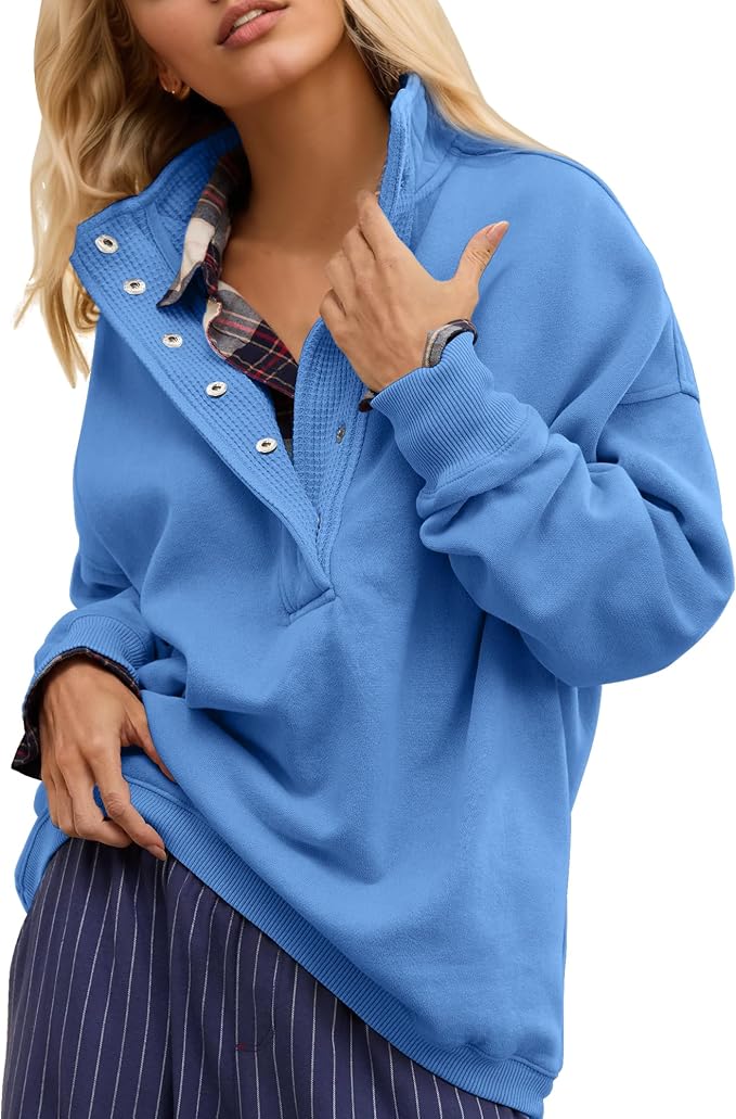 Gacaky Sweatshirt for Women Oversized Casual Long Sleeve Button Henley Neck Pullover Tops Fashion Outfits Clothes