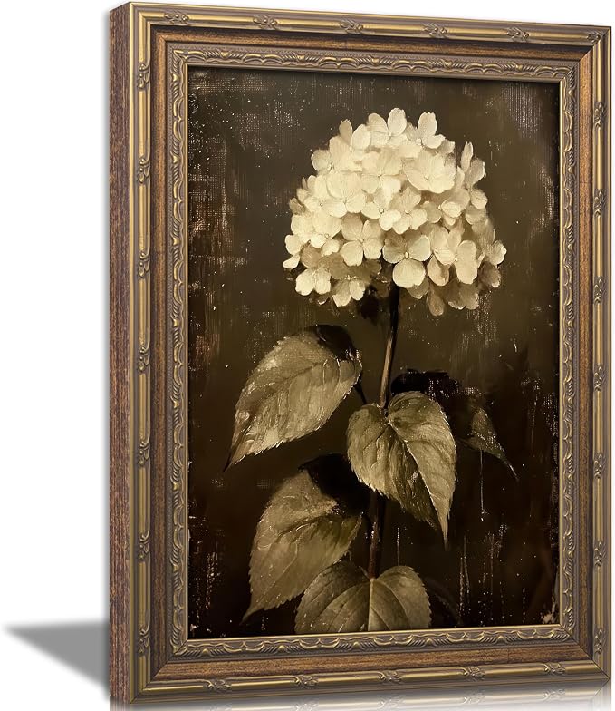 Vintage Gold Framed Floral Canvas Wall Art Retro White Hydrangea Flower Painting Picture Wall Decor Moody Botanical Flowers Poster Print Artwork for Living room Bedroom Home Decoration