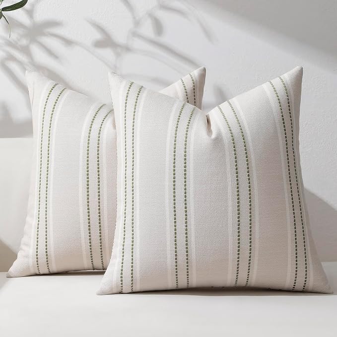 Hckot Stripe Throw Pillow Covers 26x26 Large Square Green Pillow Cover | Farmhouse Decorative Pillows Textured Linen Euro Sham Cushion Covers for Sofa Couch Bed Living Room Decor