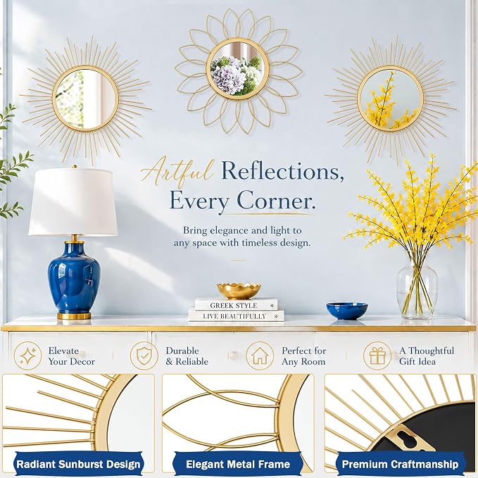 3 Pack Metal Mirrors for Wall Sunburst Wall Mirrors Home Décor Decorative Hanging Wall Art for Living Room Bedroom Entryway (Gold, Flower+Sunburst)