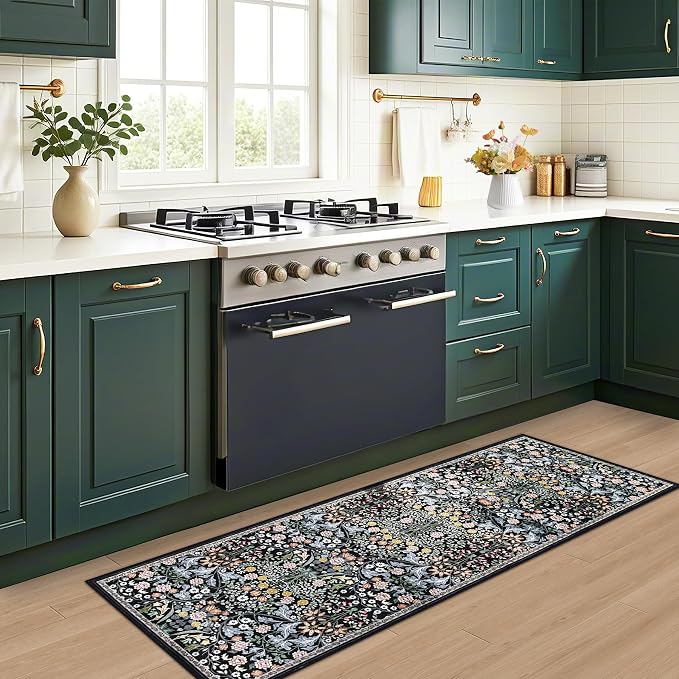 Runner Rug for Entryway: 2x5 Kitchen Rugs Non Slip Washable Ultra-Thin Soft Floral Carpet Indoor Floor Stain Resistant Carpets for Hallway Bedroom Kitchen Laundry Bathroom Dorm Dark Black