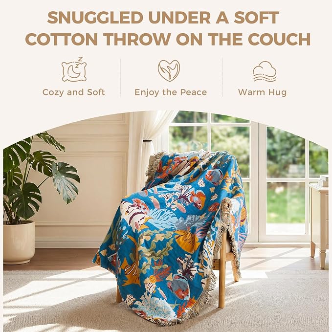 LUTBM Boho Throw Blanket for Bed 60"x80", All Season Cotton Couch Blankets | Underwater Ocean Life Jacquard, Twin Quilt, For Chair Sofa Bedroom Living Room, Lightweight & Breathable Gauze, Home Decor
