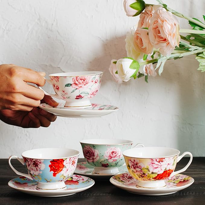 BTaT- Floral Tea Cups and Saucers Set of 4, 7 oz | Porcelain Tea Cup Set Assorted Colors Gold Trim Dishwasher Freezer Safe