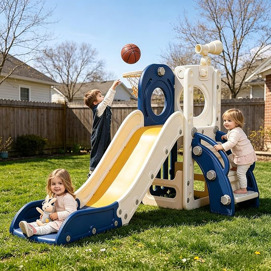 Toddler Slide, Outdoor Indoor Slide for Toddlers 1-3, Freestanding Slides with Basketball Hoop, Telescope, Storage Space and Non-Slip Steps (Blue)