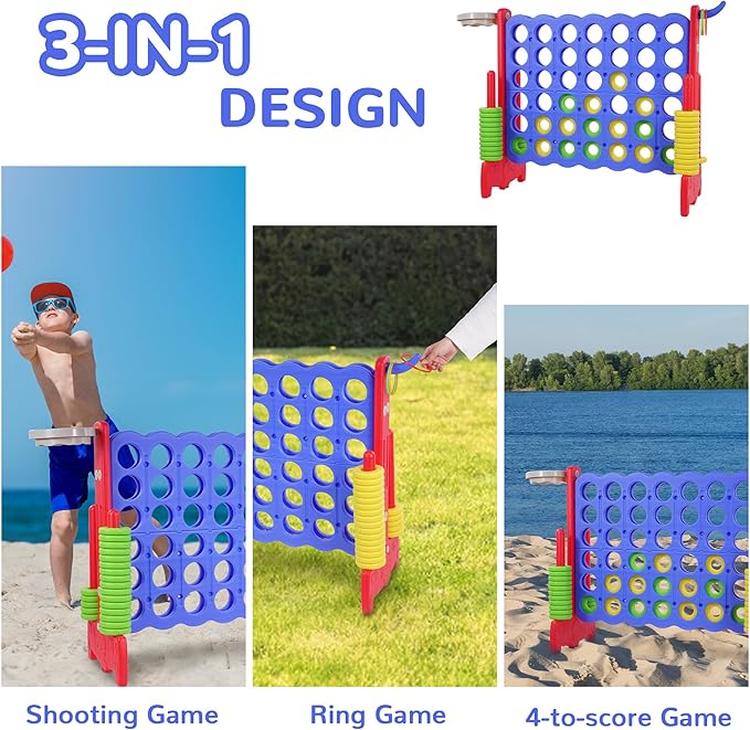 Elevon Giant 4-to-Score Game Set, 4-in-A-Row Jumbo w/Basketball Hoop, Ring Toss, 42 Jumbo Rings & Quick-Release Slide, 2.75FT Tall Indoor Outdoor Yard Family Connect Game for Kids & Adults