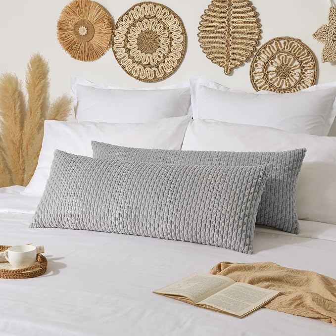 Kevin Textile Soft Corduroy 14"x36" Lumbar Pillow Cover 1 Pack, Light Grey | Boho Stripe Plush Corduroy Decorative Oblong Cushion Cover Modern Farmhouse Home Decor for Sofa Couch Bed Chair