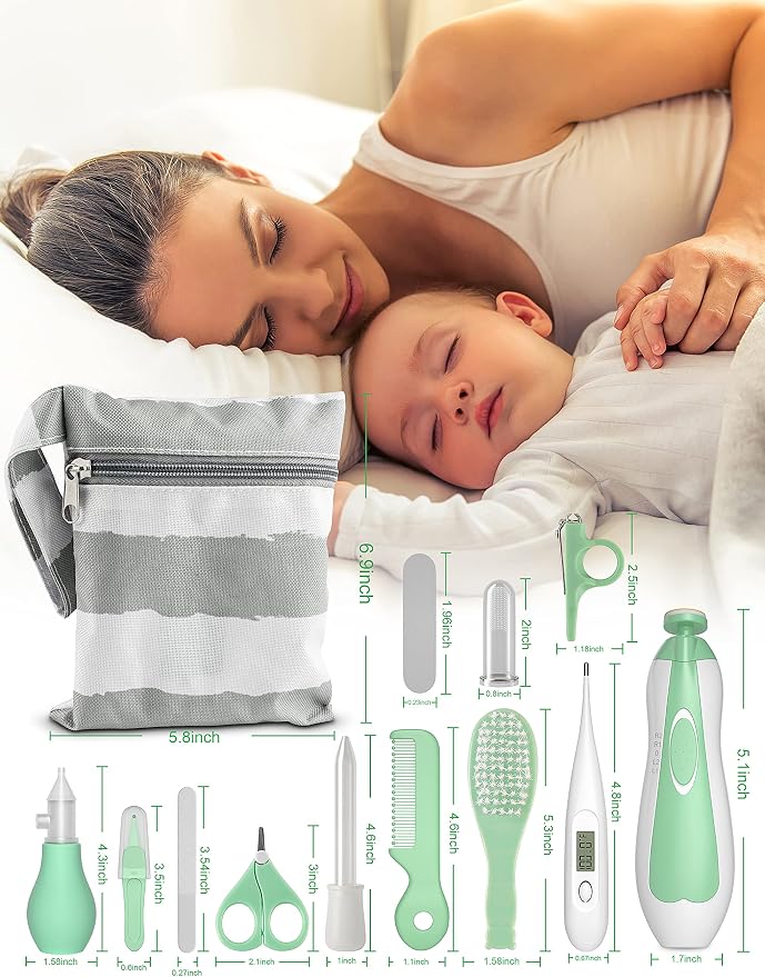 Baby Healthcare and Grooming Kit, 24 in 1 Baby Electric Nail Trimmer Set Newborn Nursery Health Care Set for Newborn Infant Toddlers Baby Boys Girls Kids (0-3 Years+) (Green)