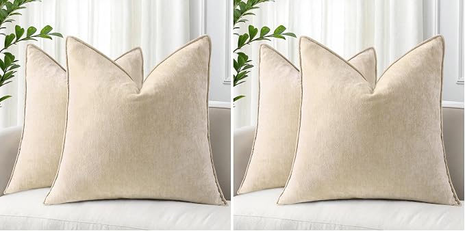 decorUhome Spring Couch Throw Pillow Covers 18x18 Set of 2, Decorative Soft Velvet Neutral Chenille Pillow Covers with Elegant Design for Sofa Bed Living Room Home Decor, Beige (Pack of 2)