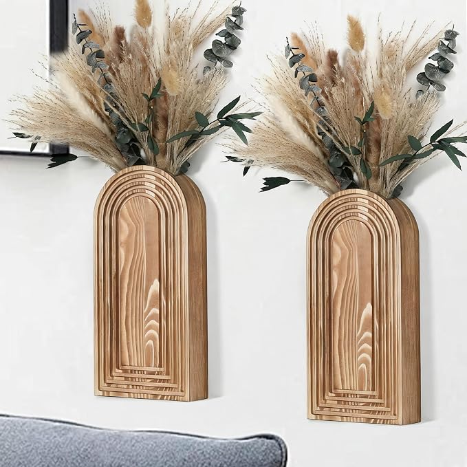 Set of 2 Wooden Wall Vases with Dried Pampas Grass & Eucalyptus, Boho Farmhouse Decor for Living Room, Entryway, Bathroom, Rustic Home Art(Brown)