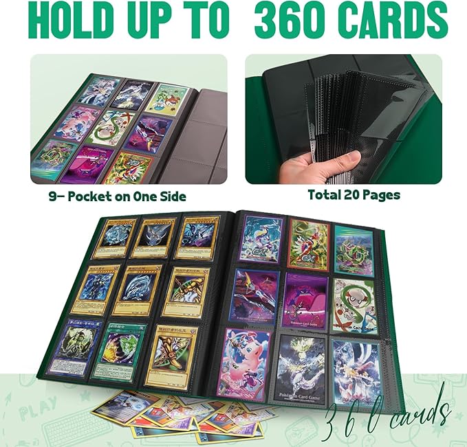 Card Binder 9-Pockets,Trading Card Binder,20 Pages, 360 Card Capacity Collection Binder, Card Folder for MTG, TCG, Game Cards & Sports Cards (Green)