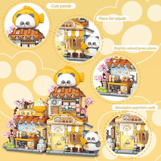 Cute Panda Mini Building Blocks Set, 858PCS MOC Mini Architecture Building Kits with Taiyaki Shop Street View Design - STEM Educational Construction Gift for Girls Boys Kids Adults