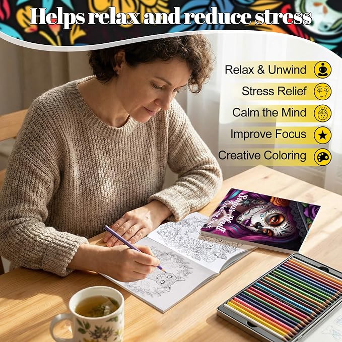 Liliful 24 Pcs Sugar Skull Themed Coloring Book Bulk for Adults Intricate Day of the Dead Art Coloring Books with Floral Skull & Ornate Designs for Party Favors Goodie Bag Fillers & Creative Gifts