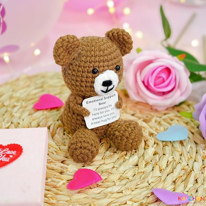 KatchOn, Emotional Support Crochet Teddy Bear | Crochet Animals with Positive Messages | Positive Crochet Animals, Coworker Gifts | Stuffed Animal | Emotional Support Bear