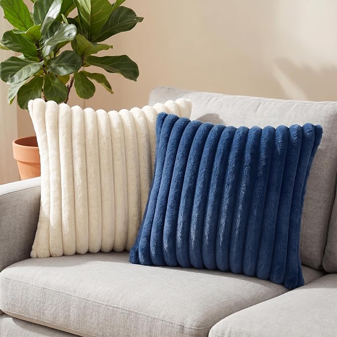 Pack of 2 Throw Pillow Covers 20x20 Decorative Solid Plush Faux Fur with Soft Velvet Back, Square Striped Cushion Cases Modern Farmhouse Home Decor for Living Room Couch Sofa Bed Navy Blue