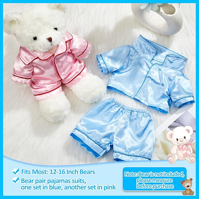 Civaner 2 Pack Blue and Pink Bear Clothes Outfit, Fit Most 12-16 Inch Bears Stuffed Animal Pajamas Plushie Clothes for Stuffed Animals, Pre-Kindergarten Toys(Solid Style)