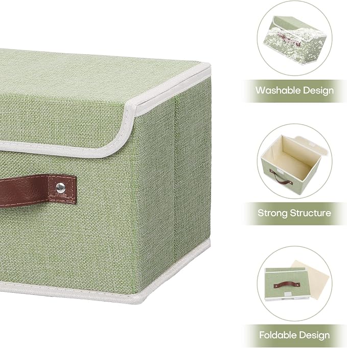 ANMINY Fabric Storage Box Bins with Lids, Green, 10"x8"x7", 4 Pack | Keepsake Memory Storage, Cotton Linen, PP Board Reinforced, Washable, PU Handles, Foldable & Stackable, Decorative, Small