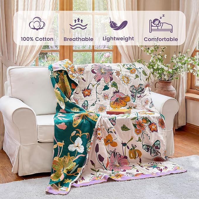 MSGKV Boho Throw Blanket 50"x60" 100% Cotton Butterfly Floral Blanket Couch | Muslin Throw, Butterfly Floral Pattern, Reversible Woven, Lightweight Comfort, Farmhouse Decor, All Seasons, Machine Washable