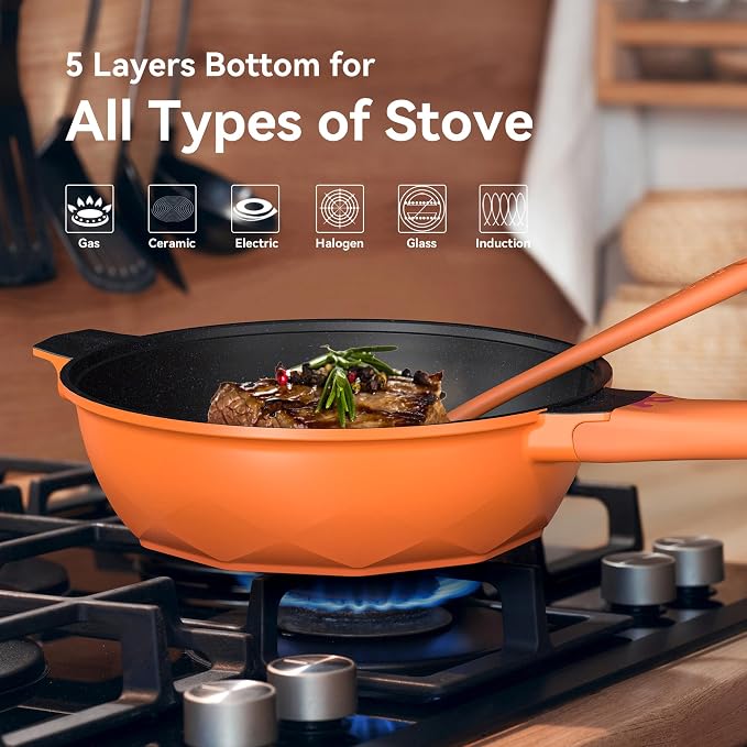 TIBORANG 11 Inch Nonstick Frying Pan with Lid,8-in-1 Multipurpose Cookware | 5 Qt Deep Sauté Pan Skillet with Steamer, PFOA-Free, Dishwasher & Oven Safe, Induction Compatible, Stay-Cool Handle,Tangerine