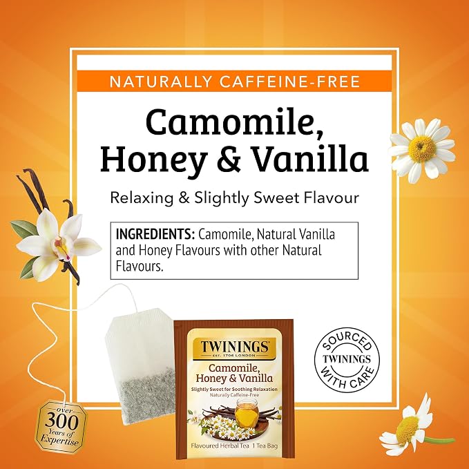 Twinings Camomile, Honey & Vanilla Herbal Tea Individually Wrapped Bags, 100 Count (Pack of 1), Naturally Caffeine-Free, Enjoy Hot or Iced, 100 Teabags
