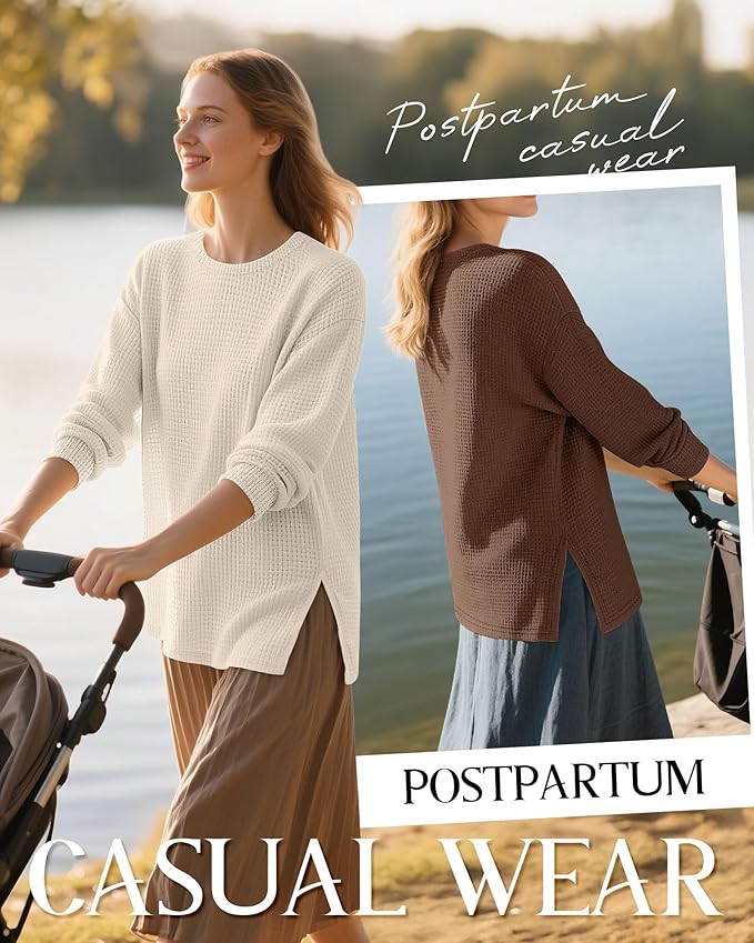 3 Pack Women's Maternity Shirts Long Sleeve Waffle Knit Side Split Oversized Tops Pregnancy Clothes Fall Tees