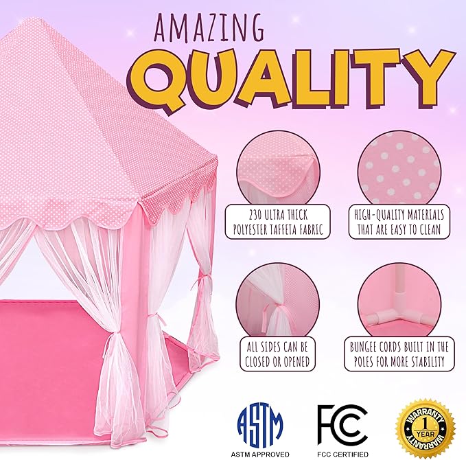 ORIAN Princess Castle Play Tent for Girls, LED Star Lights, Indoor & Outdoor Playhouse, Polyester, Pink, 55" x 53", Toddler & Kids Toys Ages 2–7