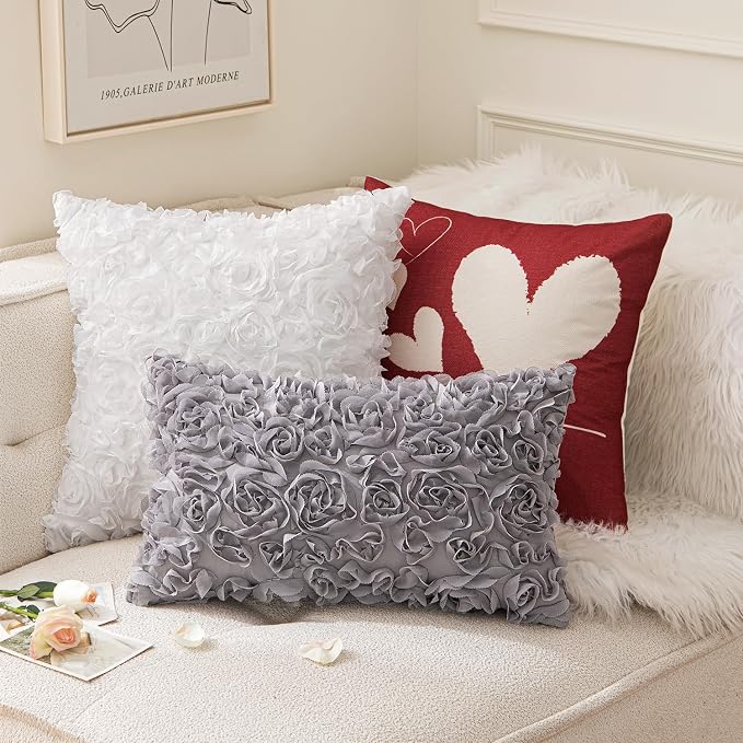 MIULEE Decorative Rose Flower Pillow Cover Pack of 1 Grey 16x16 Inch | Cute Romantic Stereo Chiffon Throw Pillow Cover Aesthetic Solid Pillowcase for Girl Coquette Room Decor Coach Bedroom