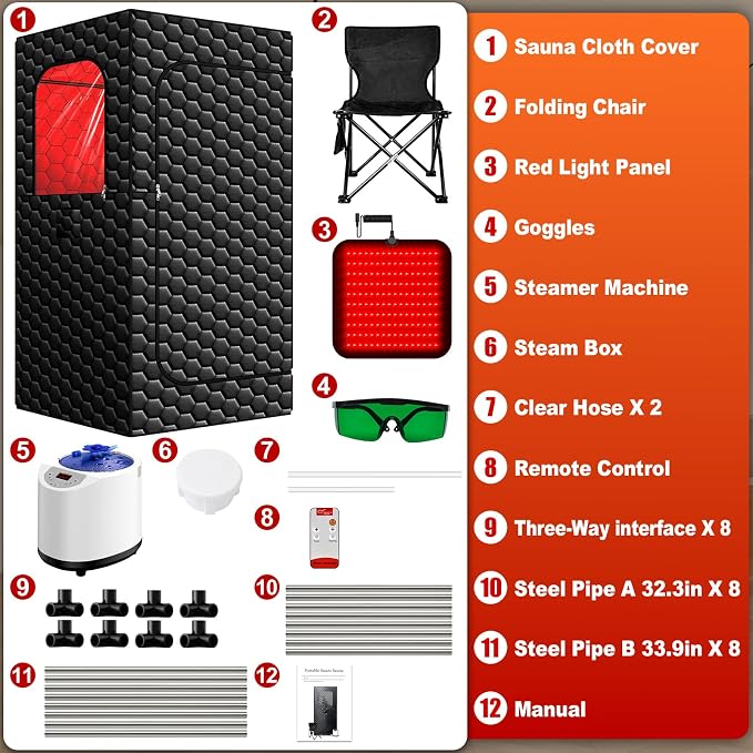 Portable Infrared Sauna, 160 LEDs Red Light Sauna Box, Steam Sauna Tent with 3L Steamer, 15 Heating Levels for Home Spa, Relaxation, Detoxification, Muscle Relief, Indoor & Outdoor, 32" x 32" x 71"