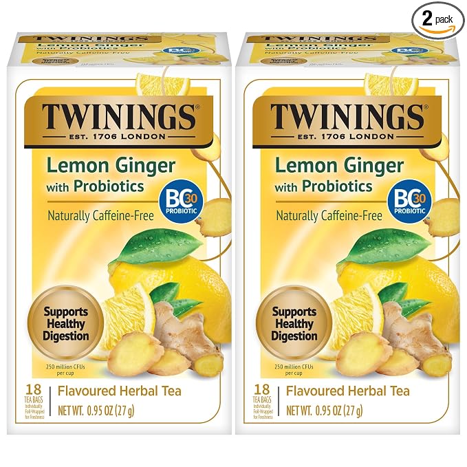 Twinings Superblends Probiotics+ Lemon & Ginger Flavoured Herbal Tea with Turmeric, Caffeine-Free, 18 Count (Pack of 2), Enjoy Hot or Iced, 18 Teabags