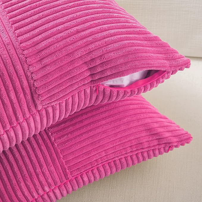 Fancy Homi 2 Packs Hot Pink Samll Decorative Throw Pillow Covers 14x14 Inch with for Couch Bed Sofa, Rustic Farmhouse Boho Home Decor, Soft Corss Patchwork Corduroy Square Cushion Case 35x35 cm
