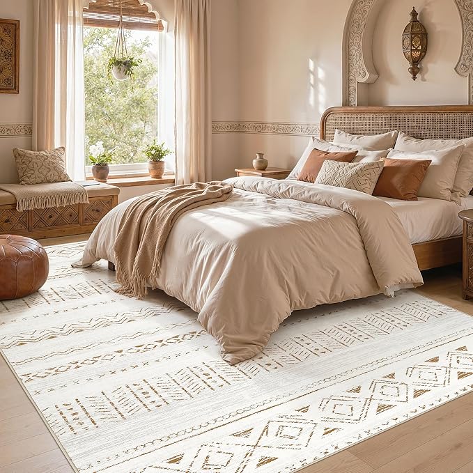 cotiled 10x10 Area Rugs Living Room Rug: Washable Boho Rugs with Non Slip Backing Large Soft Indoor Stain Resistant Carpet for Bedroom Farmhouse Dining Room Lightweight Home Decor L Brown/Cream