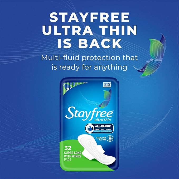 Stayfree Ultra Thin Super Long Pads with Wings For Women, Reliable Protection and Absorbency of Feminine Moisture, Leaks and Periods, 32 count - Pack of 4