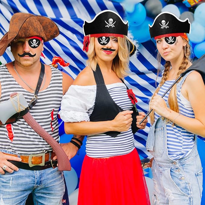 Halatool 6 Set Pirate Accessories for Kids, Include 6 Felt Pirates Hats with 6 Eye Patches and 6 Mustaches, Pirate Costume Accessories for Halloween, Masquerade, Cosplay, Party Favors Decor