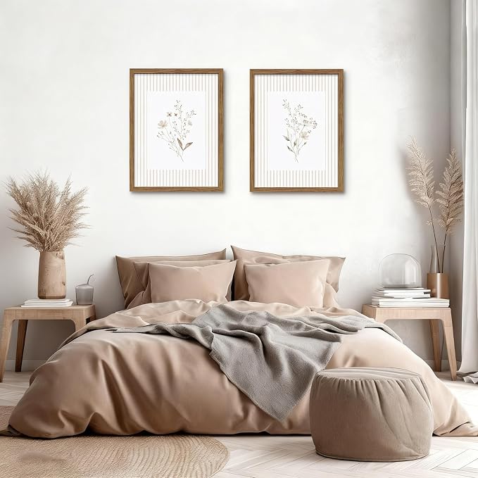 Neutral Wildflower Wall Art Set of 2, Vintage Flower Botanical Wall Decor Painting, Rustic Cottagecore Striped Floral Prints Pictures for Living Room Bedroom 16x24 Inch Framed
