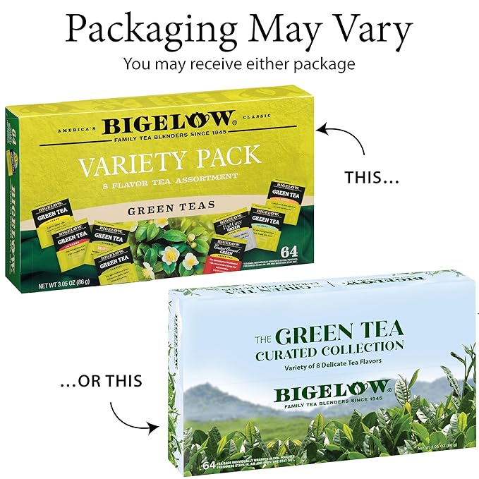 Bigelow Tea Green Tea Assortment, Individually Wrapped Tea Bags with Classic, Decaffeinated, Mint, Peach, Constant Comment, Lemon, Mango, and Earl Grey Teas, 64 Tea Bags (Pack of 1)