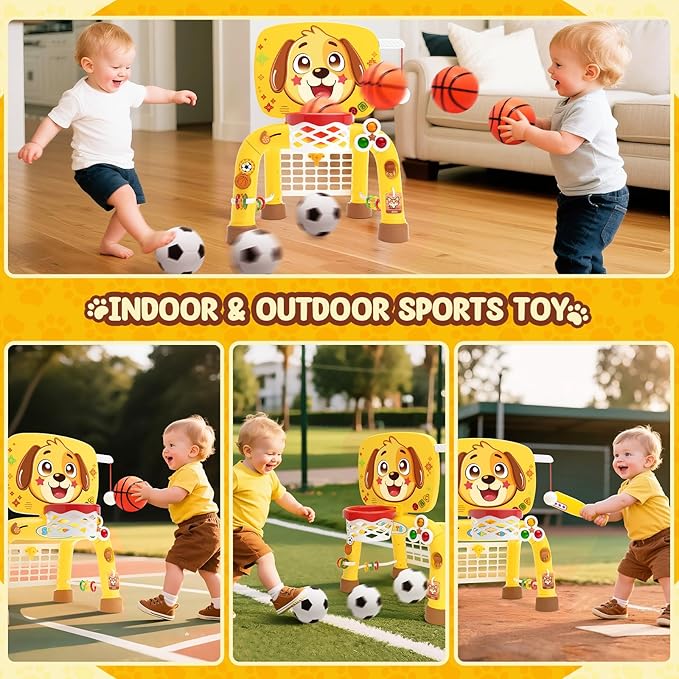 Toys for 1 Year Old Boy - Toddler Basketball Hoop & Soccer Goal & Baseball Activity Center with Light Sound Music, Puppy Montessori Sports Toy,Christmas Birthday Gift for Baby 12-18 Months,Dark Yellow