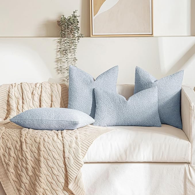 MIULEE 22x22 Decorative Euro Sham Boucle Couch Pillow Covers Sky | Set of 2 Textured Neutral Throw Pillow Covers, Accent Solid Pillowcases, Sofa Living Room Home Decor