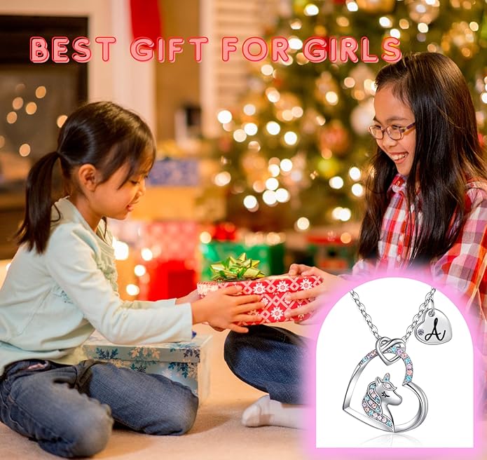 Valentines Day Gifts for Kids Girls - Unicorn Necklace for Girls with Initial Heart Pendant & Gift Box, 18K Gold Fashion Kids Jewelry, Colorful Heart Necklace for Birthdays & Costume Parties.