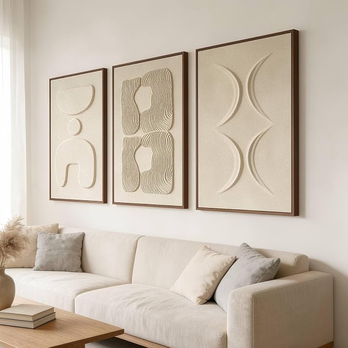 Thalasse Large 3-Piece 3D Textured Wall Art for Living Room, 24x36 Inch | Wabi Sabi Sandstone Relief Panels with Solid Wood Frames, Minimalist Wall Decor for Hallway and Entryways
