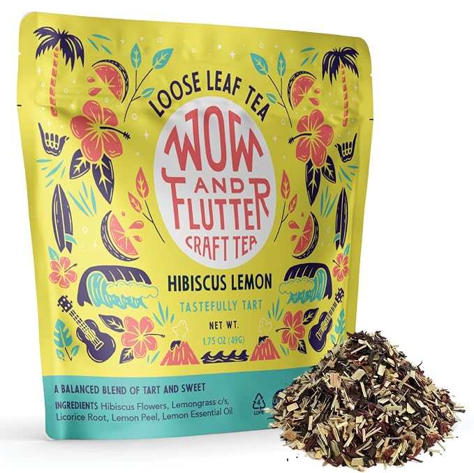 Wow and Flutter Hibiscus Lemon Loose Leaf Herbal Tea | Caffeine-Free Blend with Organic Hibiscus, Lemongrass, Lemon Peel & Oil | Bright Citrus, Tart-Sweet Flavor – 1.75 oz Pouch