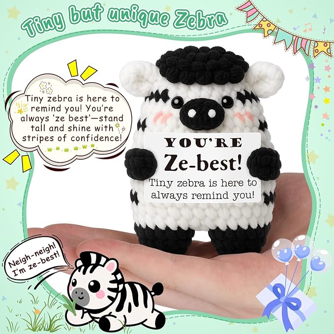 Mini Inspirational Gifts for Women Men, Christmas Thanksgiving Birthday Gifts for Daughter Son Handmade Zebra Positive Crochet Animals for Couples Friends Coworkers Bosses Christmas Stocking Stuffer