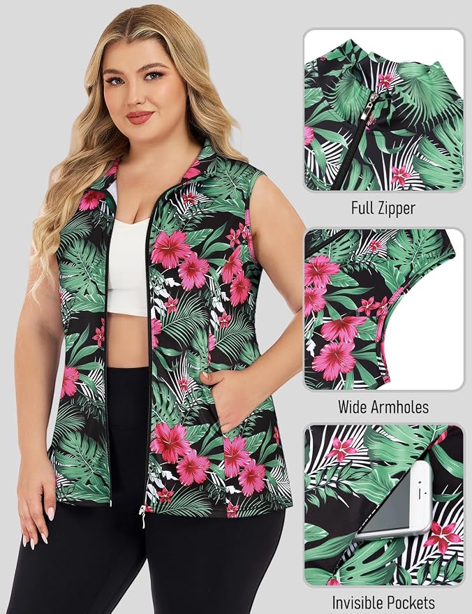 Misyula Style Plus Size Womens Golf Shirt Full-Zip with Pockets Tank Tops | Sleeveless, Quick Dry, Moisture-wicking, Lightweight Vests, Athletic, Tennis, Running, Workout, Casual, Travel, Work