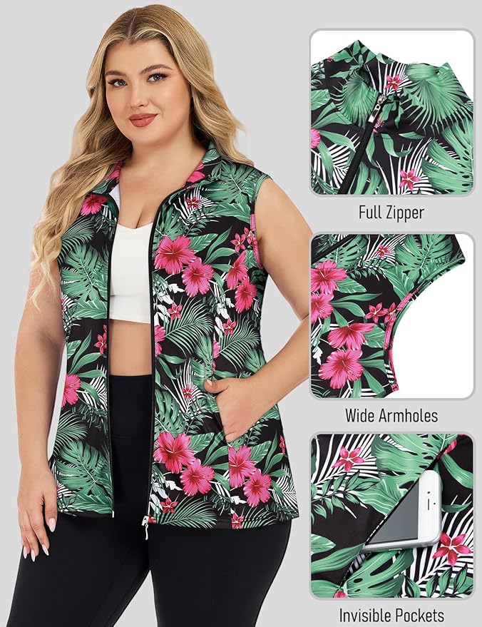 Misyula Style Plus Size Womens Golf Shirt Full-Zip with Pockets Tank Tops | Sleeveless, Quick Dry, Moisture-wicking, Lightweight Vests, Athletic, Tennis, Running, Workout, Casual, Travel, Work