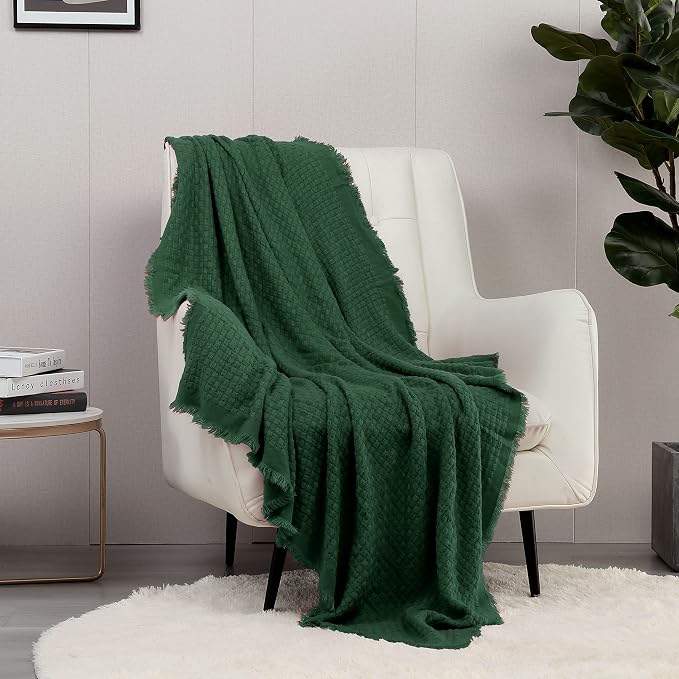 CREVENT Farmhouse Boho Knitted Throw Blanket for Couch Sofa Chair Bed Home Decoration, Soft Warm Cozy Light Weight for Spring Summer Fall (50''X60'' Christmas Green)