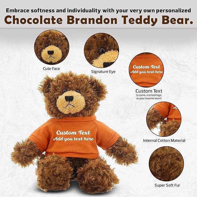 Customized Chocolate Brandon Bear - 12 inch Personalized Stuffed Bear Plush Toy - Perfect Custom Shirt Bear Gift for Graduation Valentines Graduation Easter Holidays (Orange Shirt)