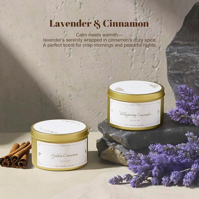 Lavender Cinnamon Candle Set, Soy Wax Tin Candles, 2 Pack | Lavender and cinnamon 2-pack soy wax tin candles, 8 oz each, with warm floral scents and gift-ready packaging